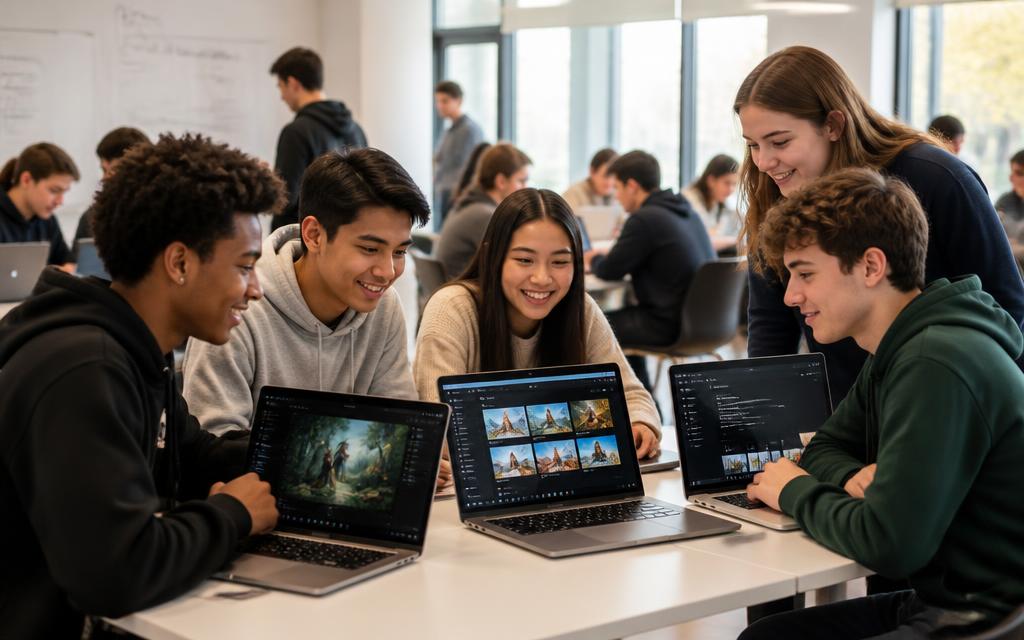 Young people exploring AI creative tools on laptops in a bright classroom