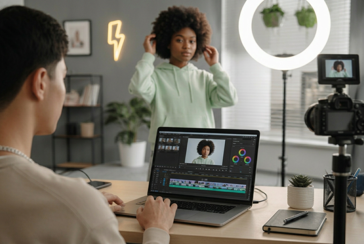 Young creators filming and editing a short video with a ring light and camera