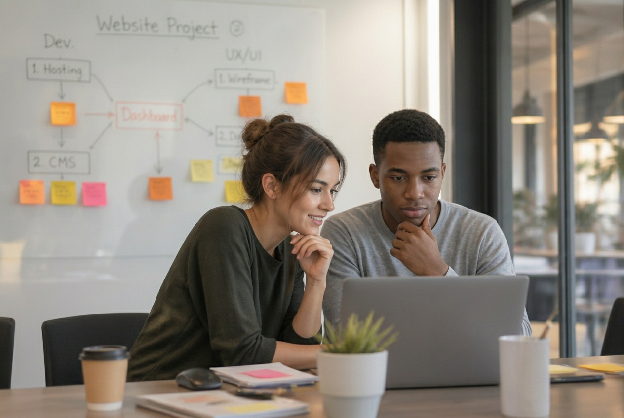 Two young adults building a website together on a laptop