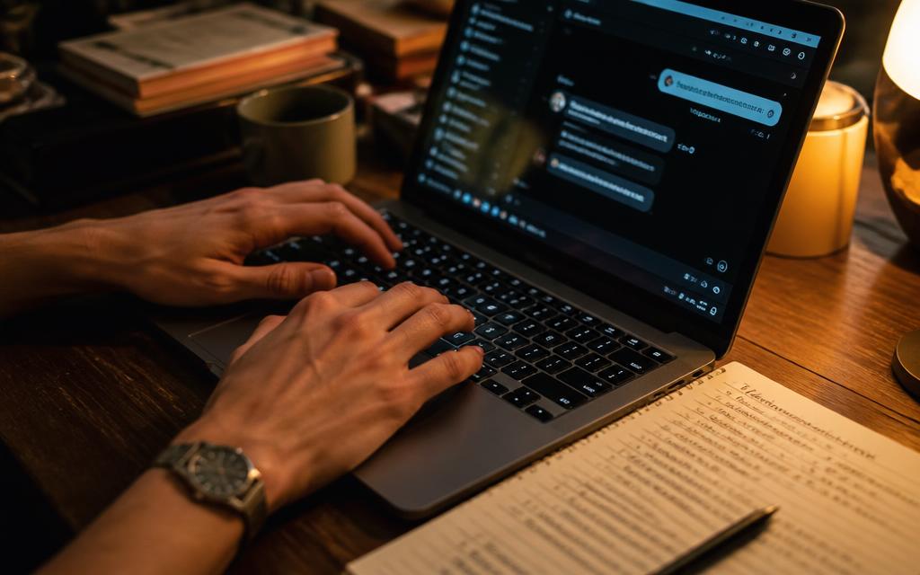 Hands typing prompts into an AI chat interface on a laptop