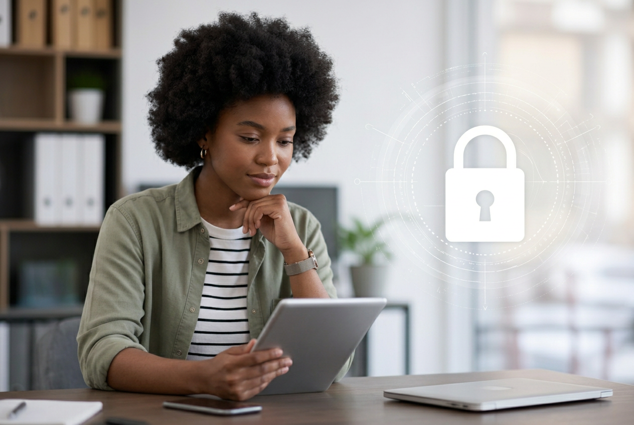 Young person reviewing information on a tablet with a security lock graphic