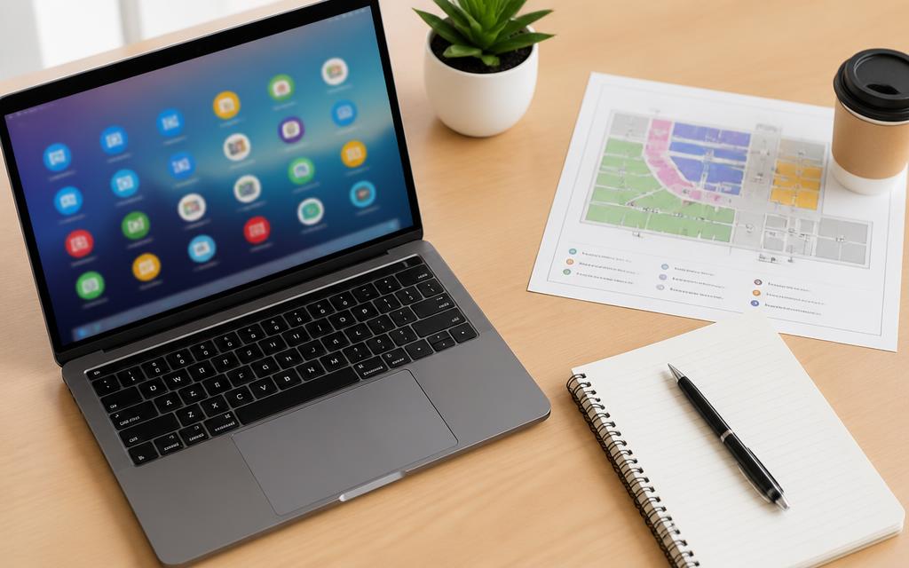 Laptop showing a grid of AI app icons beside a printed tools map