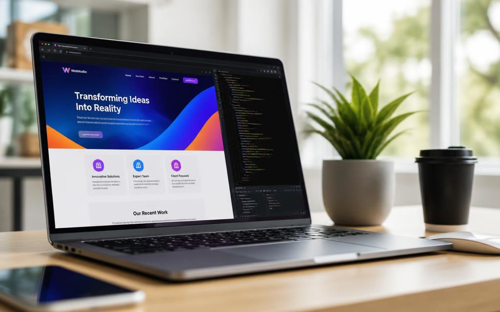 Laptop displaying a colourful website being built next to a code editor