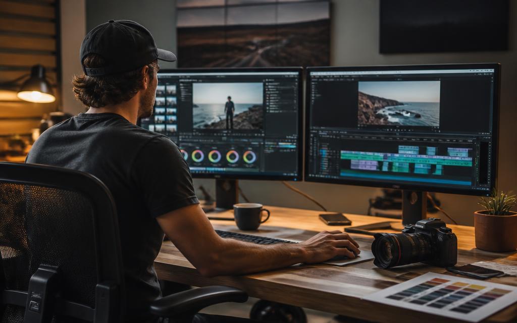 Creator editing video on a dual-monitor editing workstation